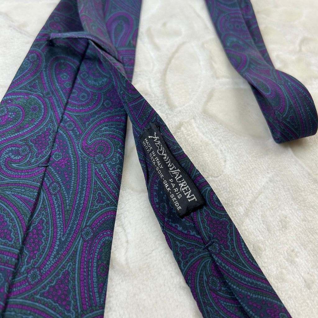 Cravatta Yves Saint Laurent Vintage 100% Seta Paisley Viola Verde