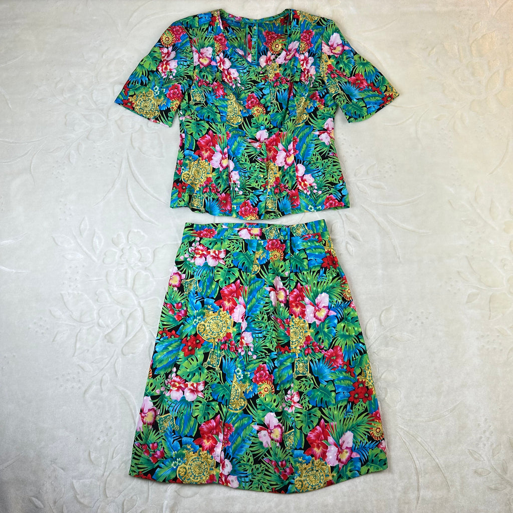 Completo da donna Vintage Tropicale in Viscosa con Gonna Floreale (S)