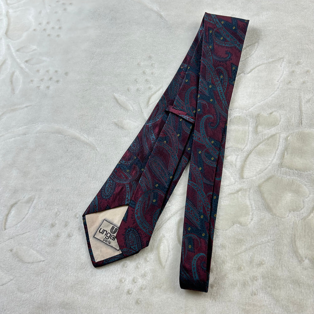 Cravatta Ungaro Paris Vintage 100% Seta Fantasia Paisley Bordeaux Blu