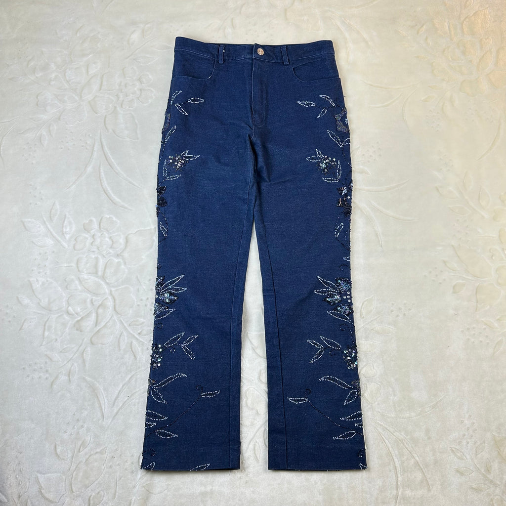 Jeans Donna Vintage Ricamati Blu Scuro Paillettes Y2K (M)