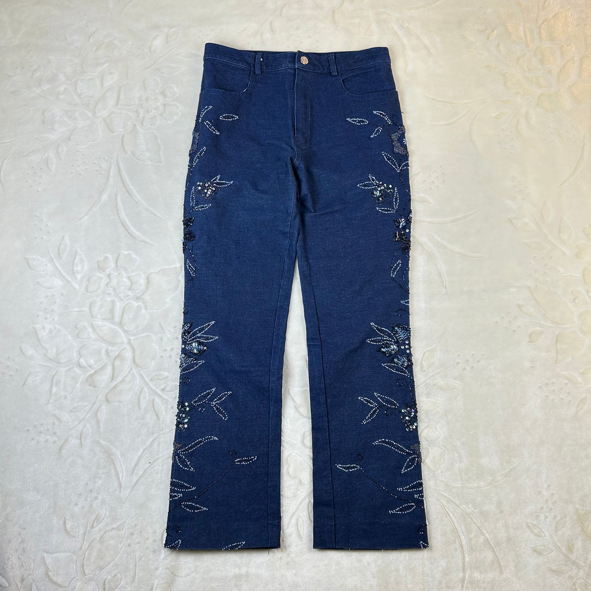 Jeans Donna Vintage Ricamati Blu Scuro Paillettes Y2K (M)