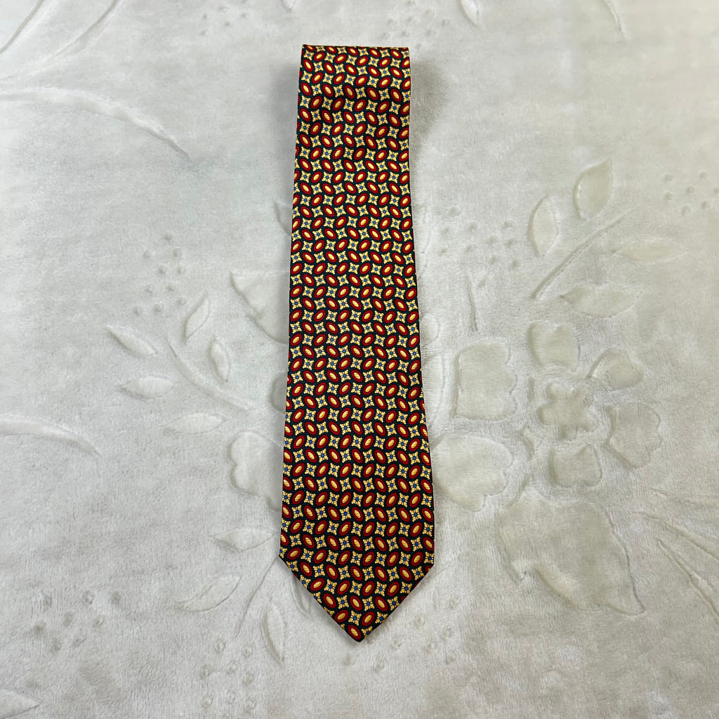 Cravatta Roccobarocco Vintage 100% Seta Fantasia Geometrica Verde Rosso Oro Made in Italy