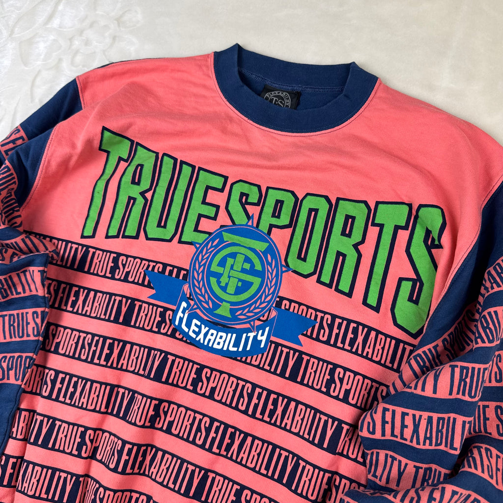 Felpa Vintage True Sports by Enzo Fusco Rosa Fluo e Blu con Maxi Stampa (M)