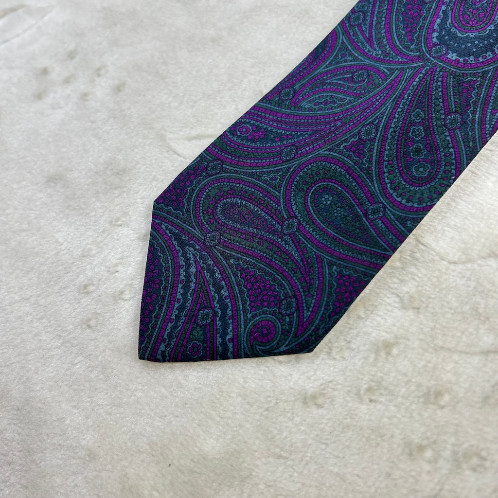 Cravatta Yves Saint Laurent Vintage 100% Seta Paisley Viola Verde
