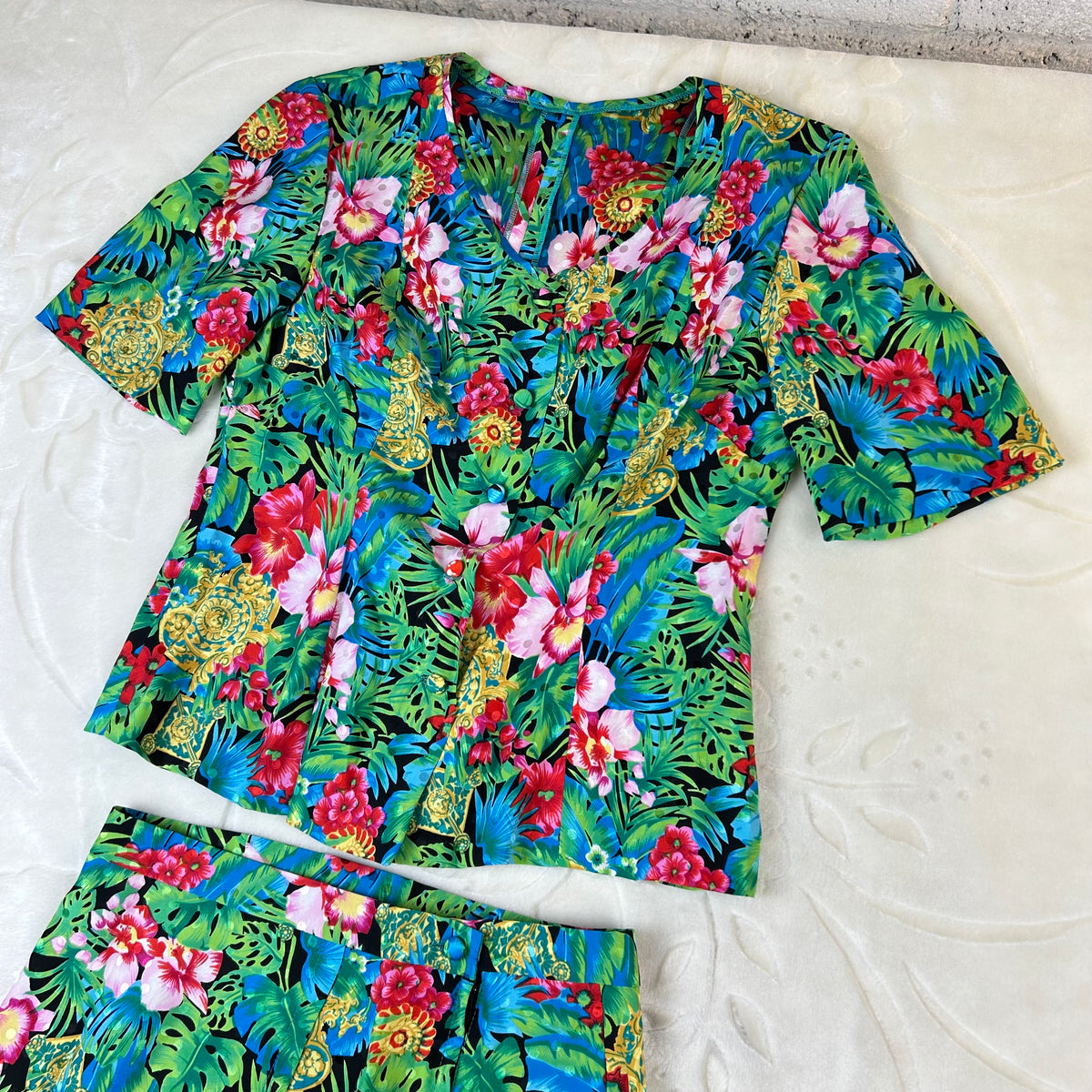 Completo da donna Vintage Tropicale in Viscosa con Gonna Floreale (S)