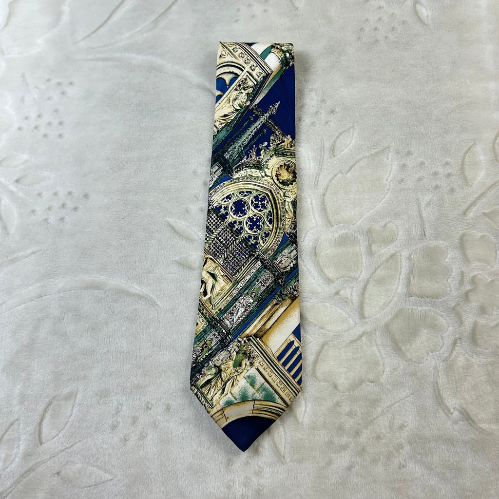 Cravatta Pal Zileri Vintage 100% Seta Fantasia Architettonica Blu Verde Made in Italy