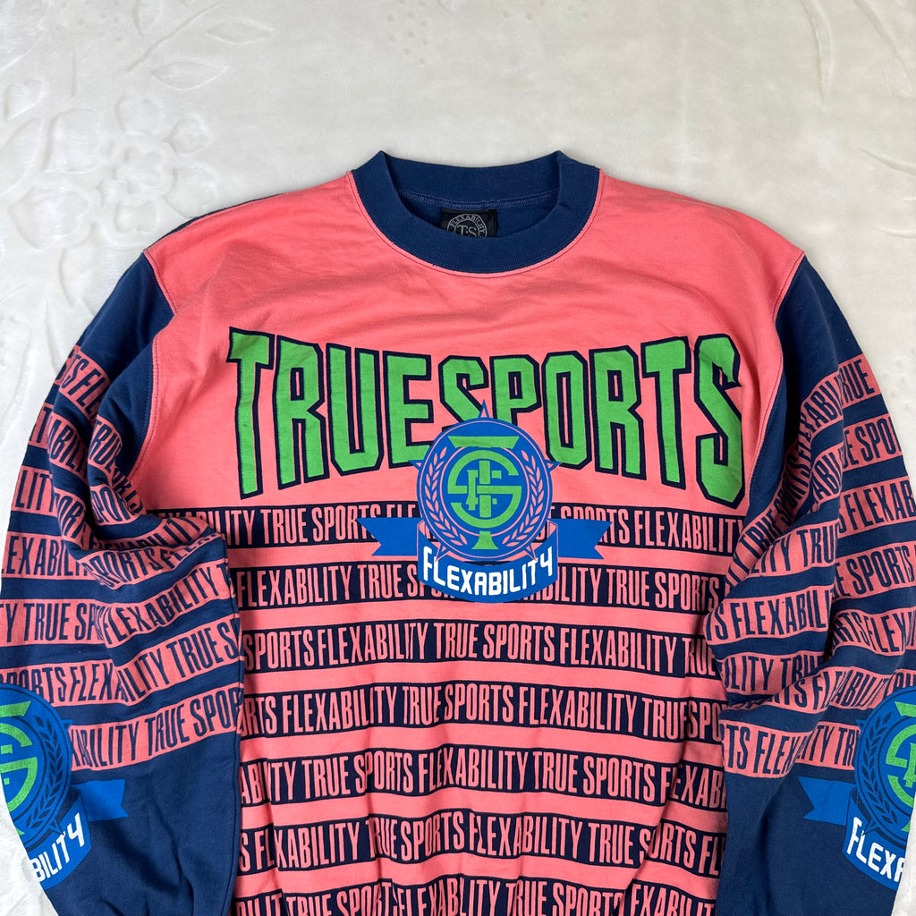 Felpa Vintage True Sports by Enzo Fusco Rosa Fluo e Blu con Maxi Stampa (M)