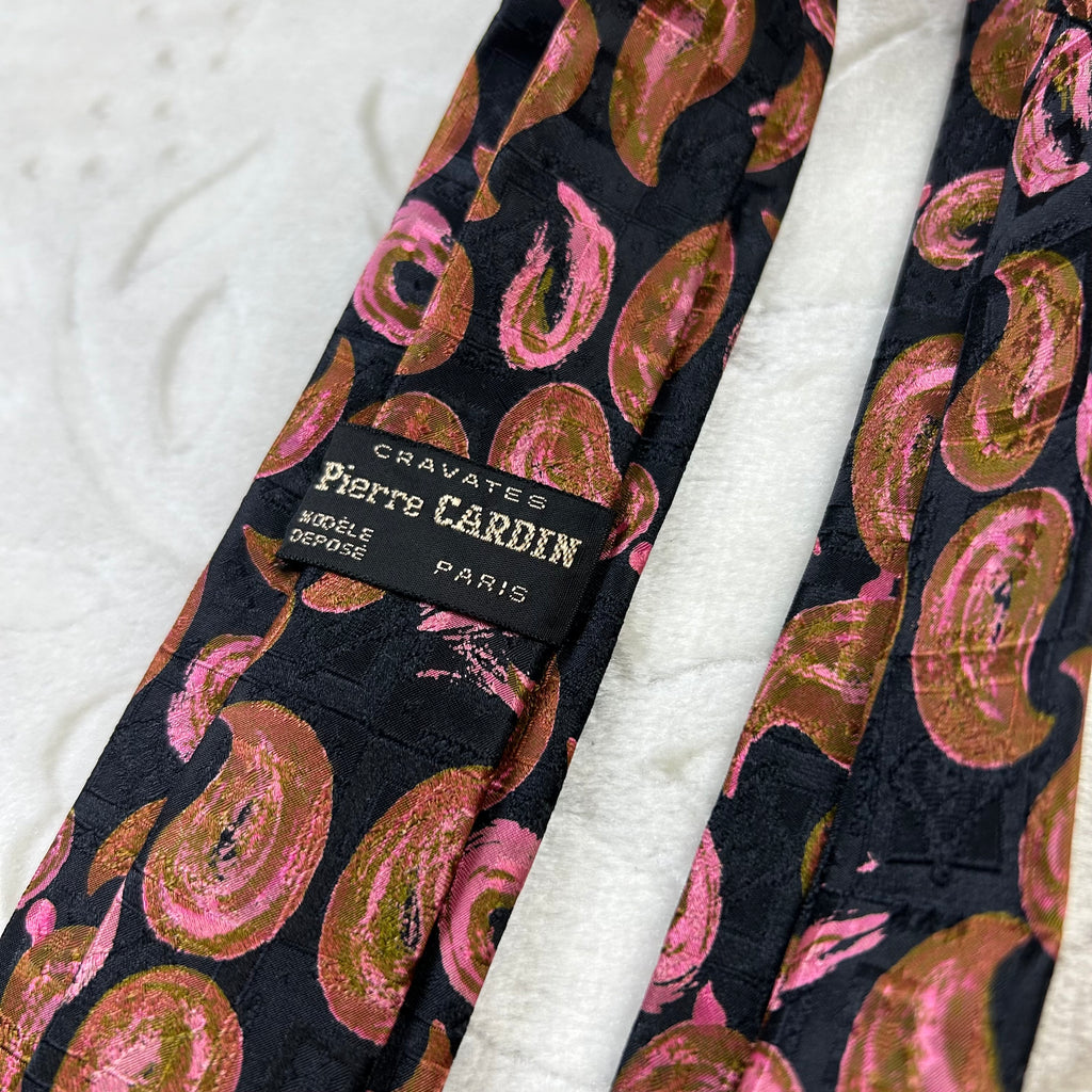 Cravatta Pierre Cardin Paris Vintage 100% Seta Fantasia Paisley Nero Rosa Bronzo