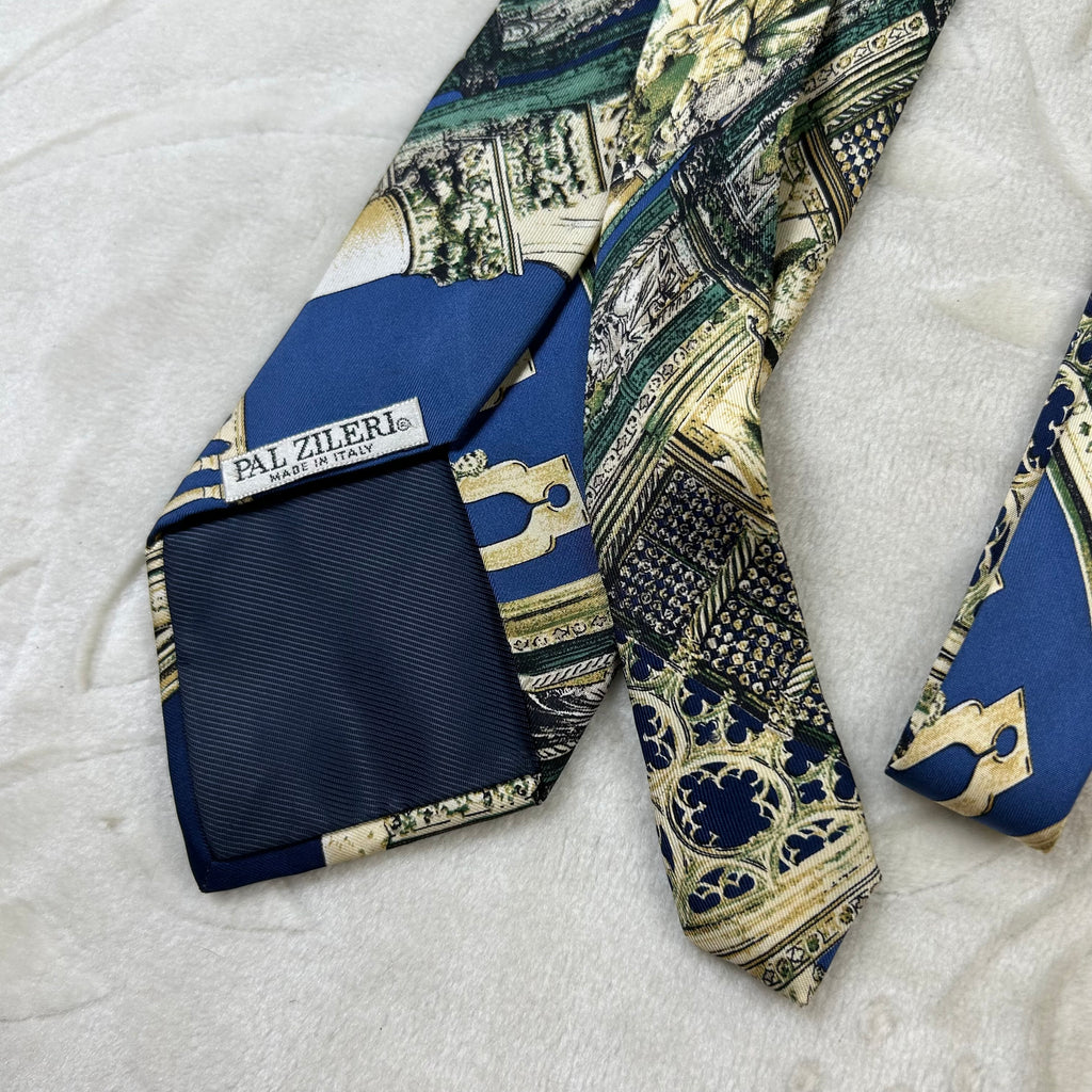Cravatta Pal Zileri Vintage 100% Seta Fantasia Architettonica Blu Verde Made in Italy