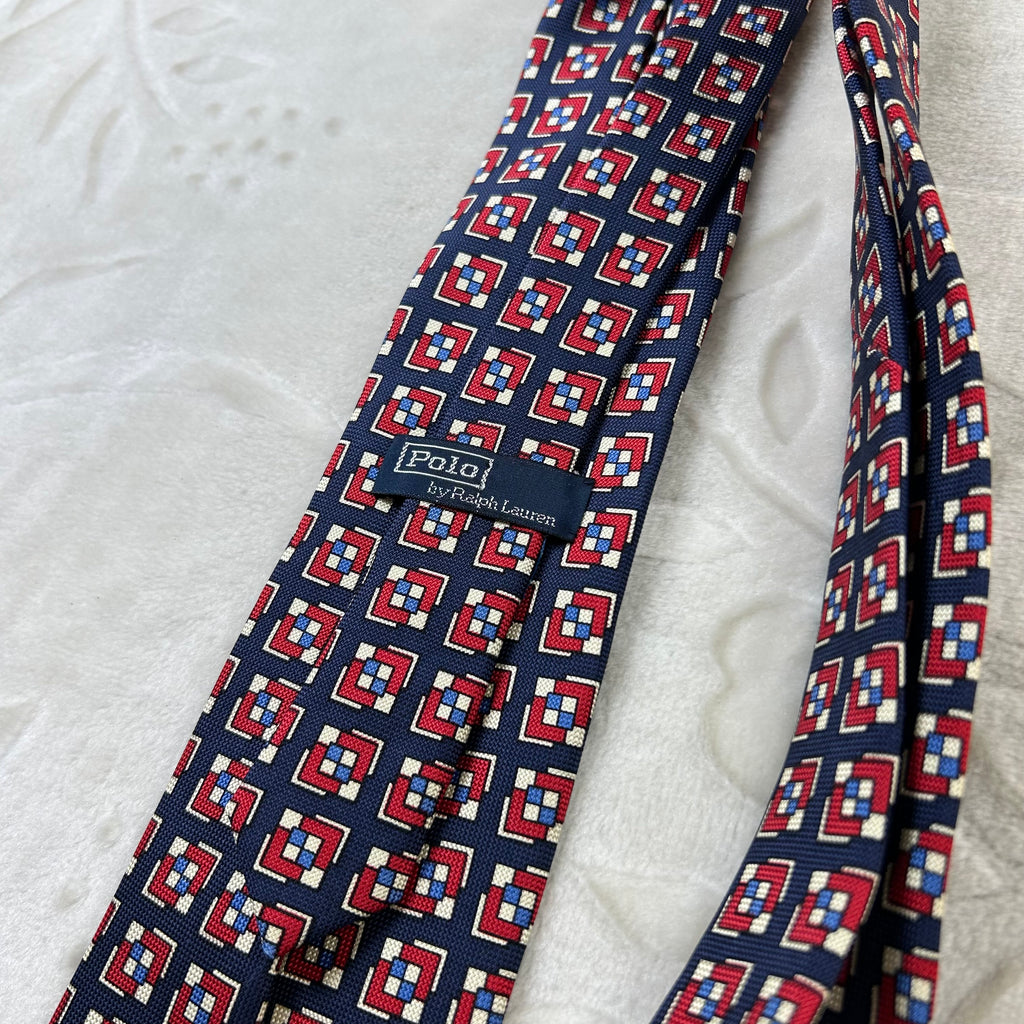 Cravatta Polo by Ralph Lauren Vintage 100% Seta Fantasia Geometrica Blu Rosso