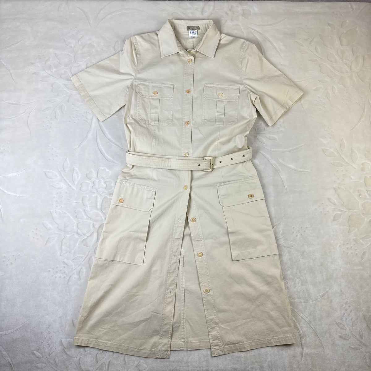 Vestito Chemisier Vintage Beretta Safari Beige in Cotone con Cintura Made in Italy (M)