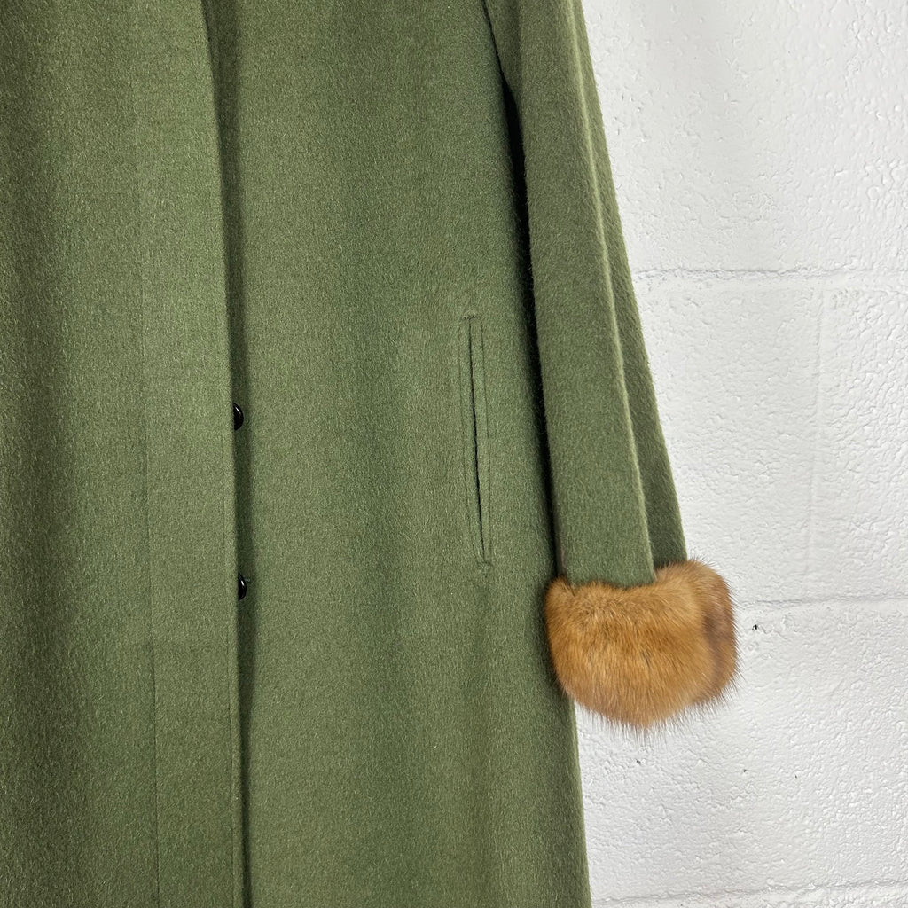 Cappotto da Donna  sartoriale vintage 100% Lana Verde con Collo e Polsini in visone (M)