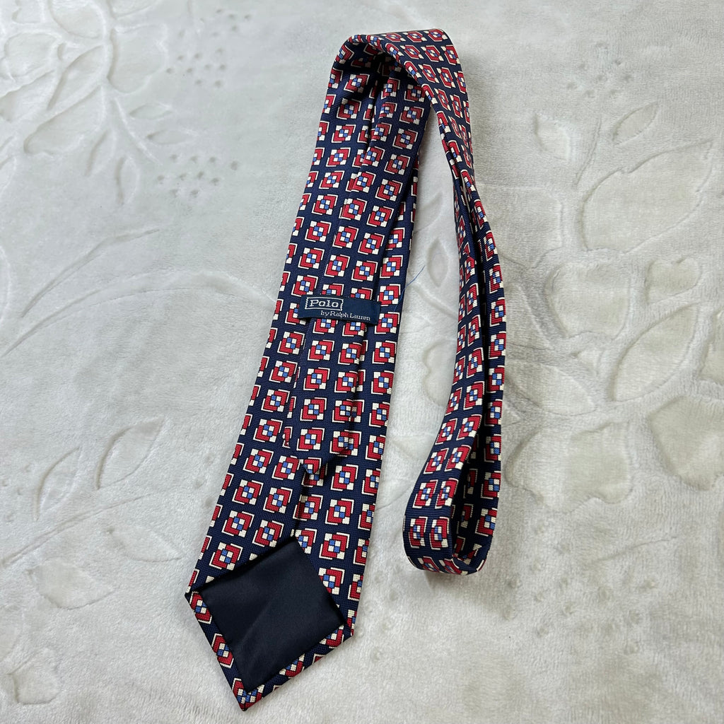 Cravatta Polo by Ralph Lauren Vintage 100% Seta Fantasia Geometrica Blu Rosso