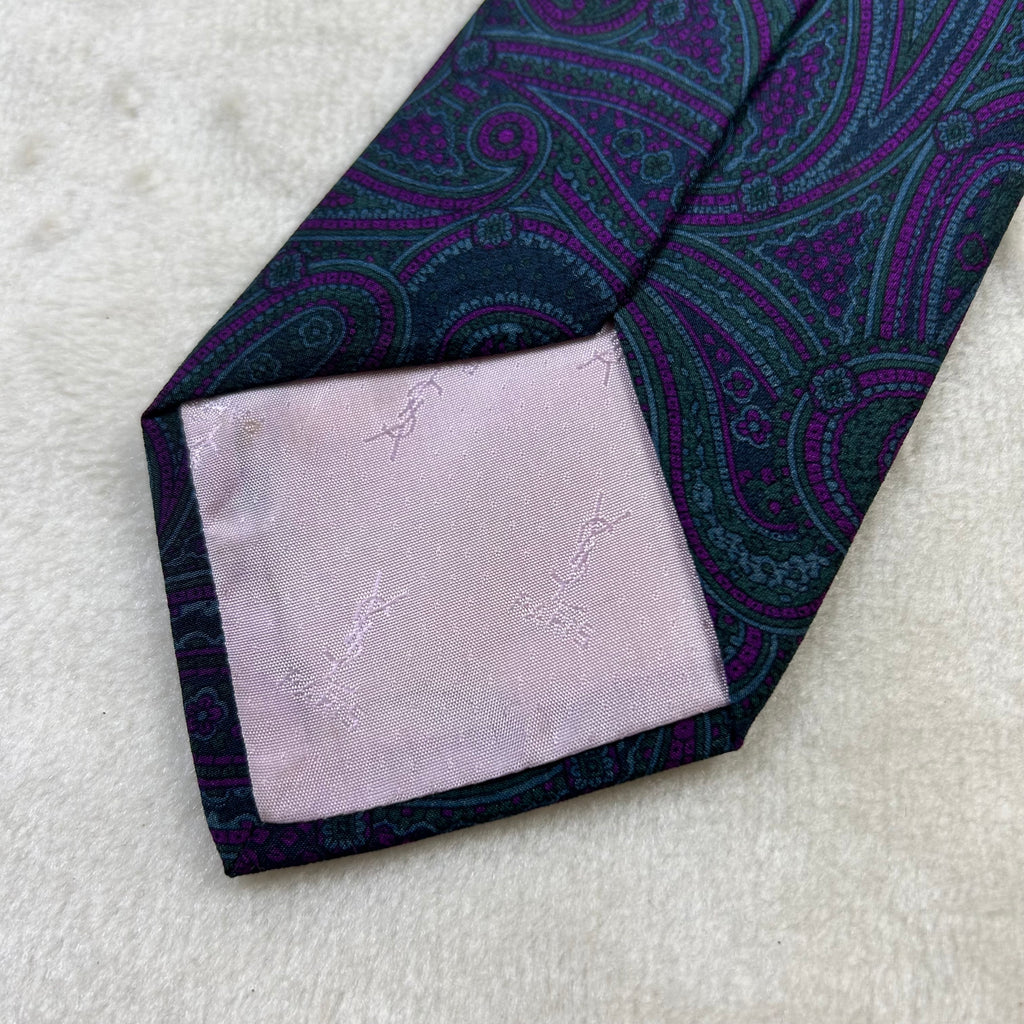 Cravatta Yves Saint Laurent Vintage 100% Seta Paisley Viola Verde