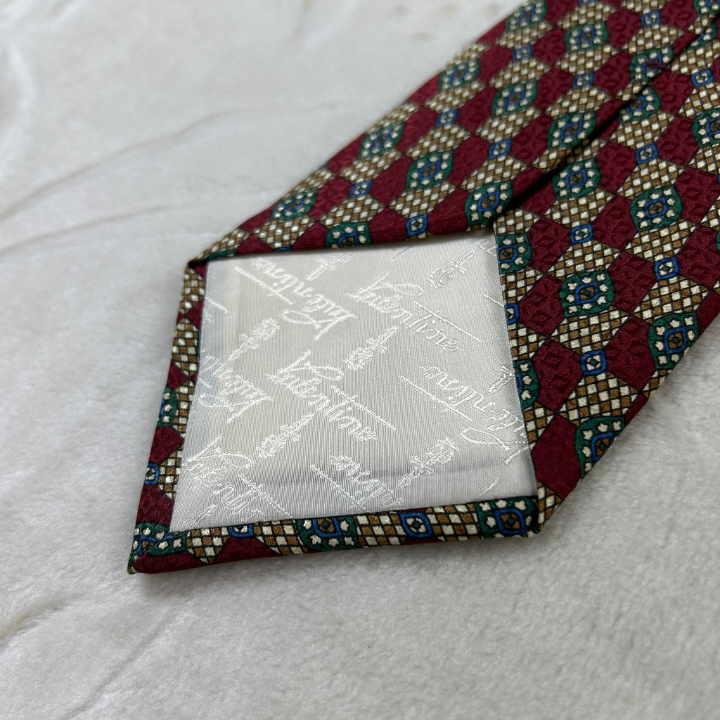 Cravatta Valentino Vintage 100% Seta Fantasia Geometrica Bordeaux Verde