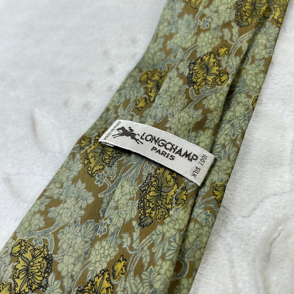 Cravatta Longchamp Paris Vintage 100% Seta Fantasia Floreale Verde Oro