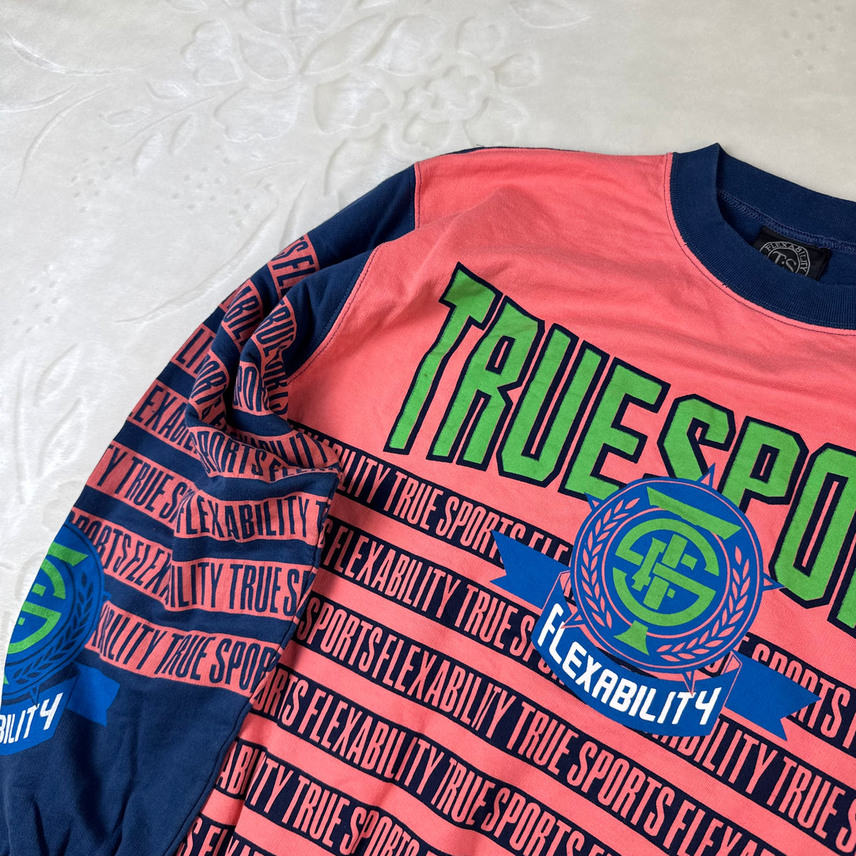 Felpa Vintage True Sports by Enzo Fusco Rosa Fluo e Blu con Maxi Stampa (M)