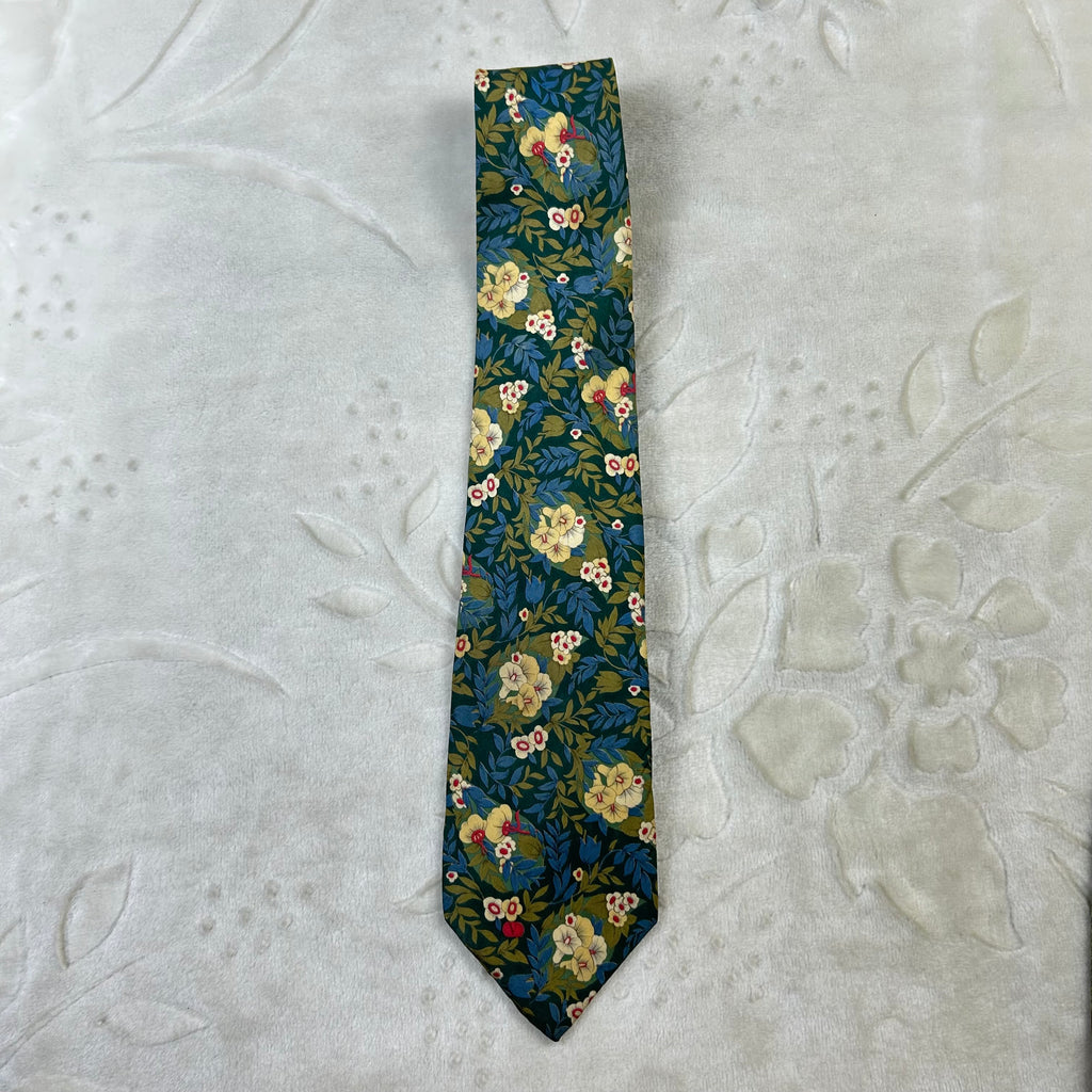 Cravatta Valentino Vintage 100% Seta Fantasia Floreale Verde Blu Made in Italy