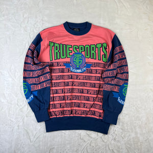 Felpa Vintage True Sports by Enzo Fusco Rosa Fluo e Blu con Maxi Stampa (M)