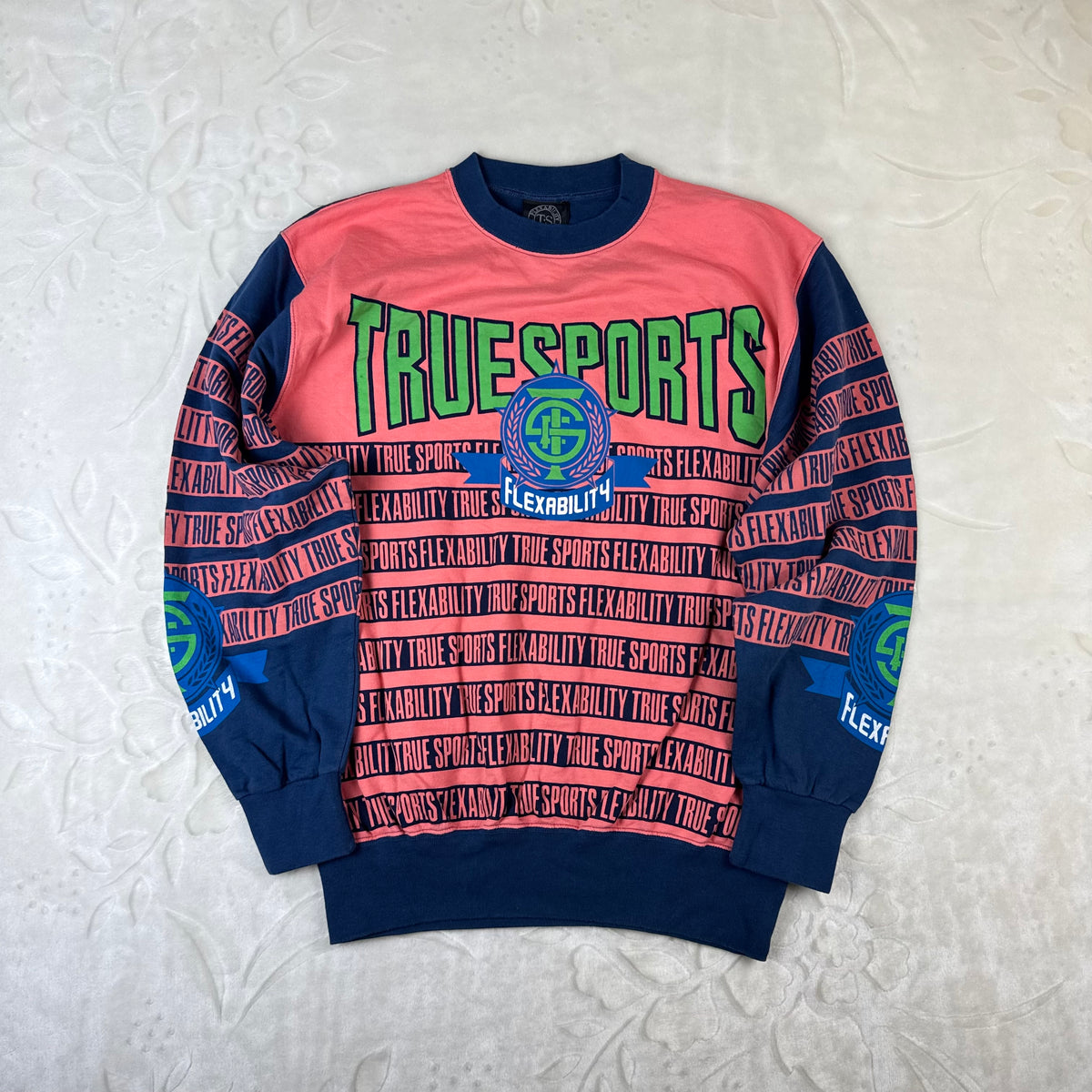Felpa Vintage True Sports by Enzo Fusco Rosa Fluo e Blu con Maxi Stampa (M)