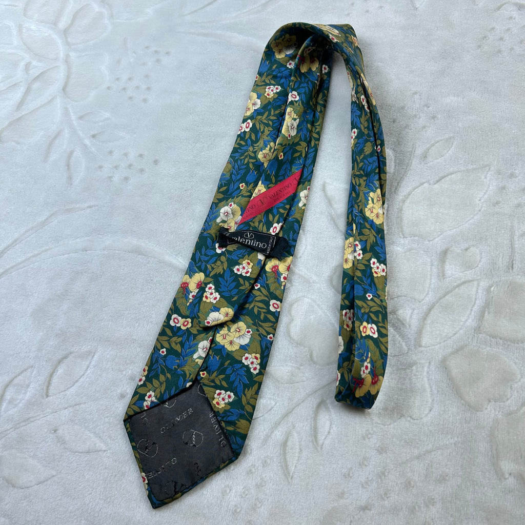 Cravatta Valentino Vintage 100% Seta Fantasia Floreale Verde Blu Made in Italy