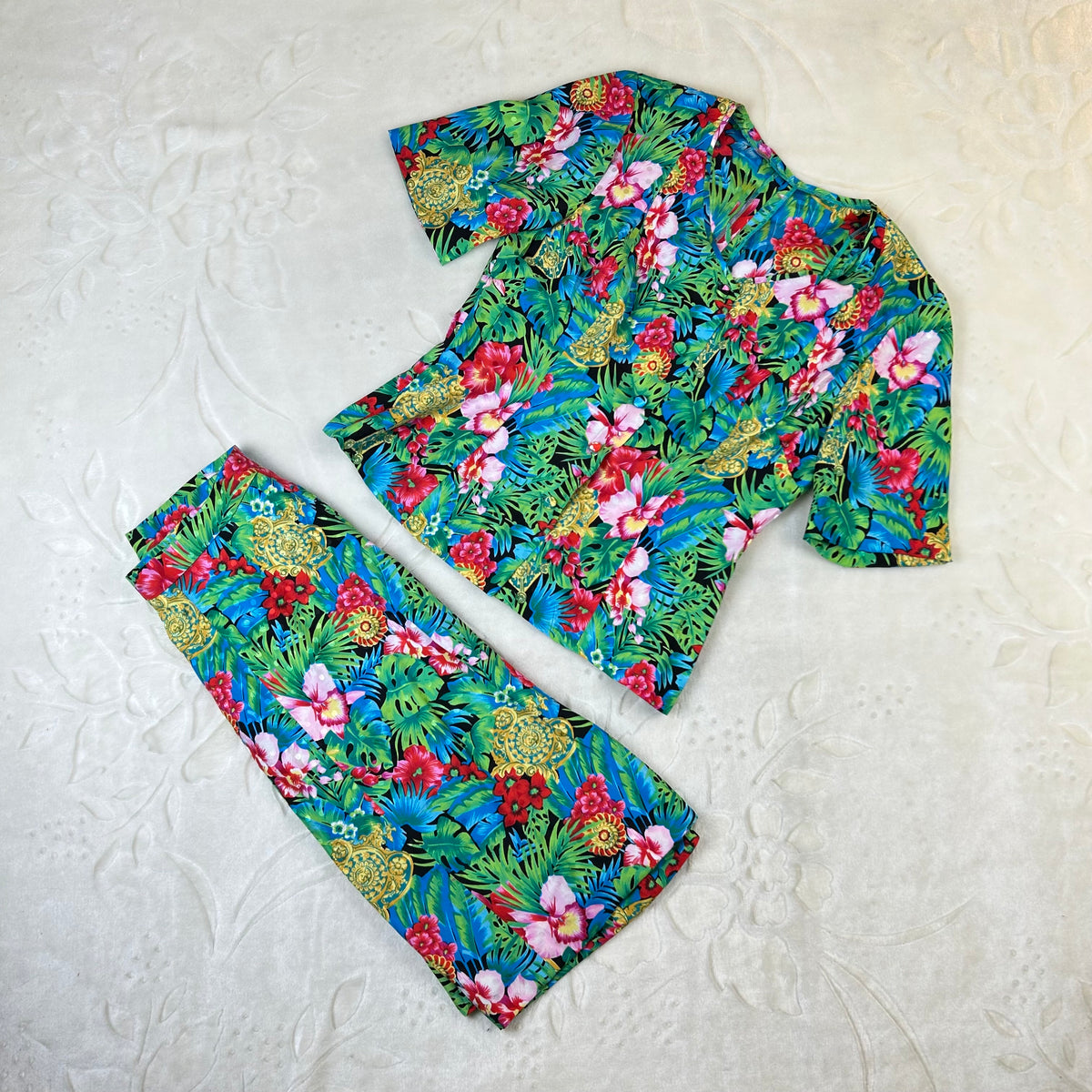Completo da donna Vintage Tropicale in Viscosa con Gonna Floreale (S)