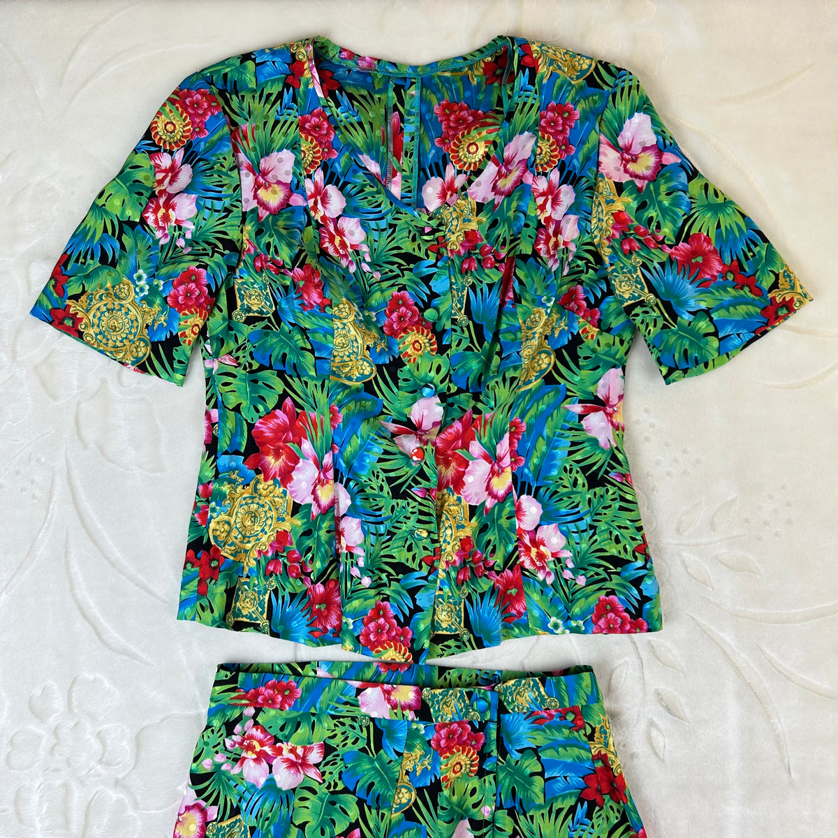 Completo da donna Vintage Tropicale in Viscosa con Gonna Floreale (S)
