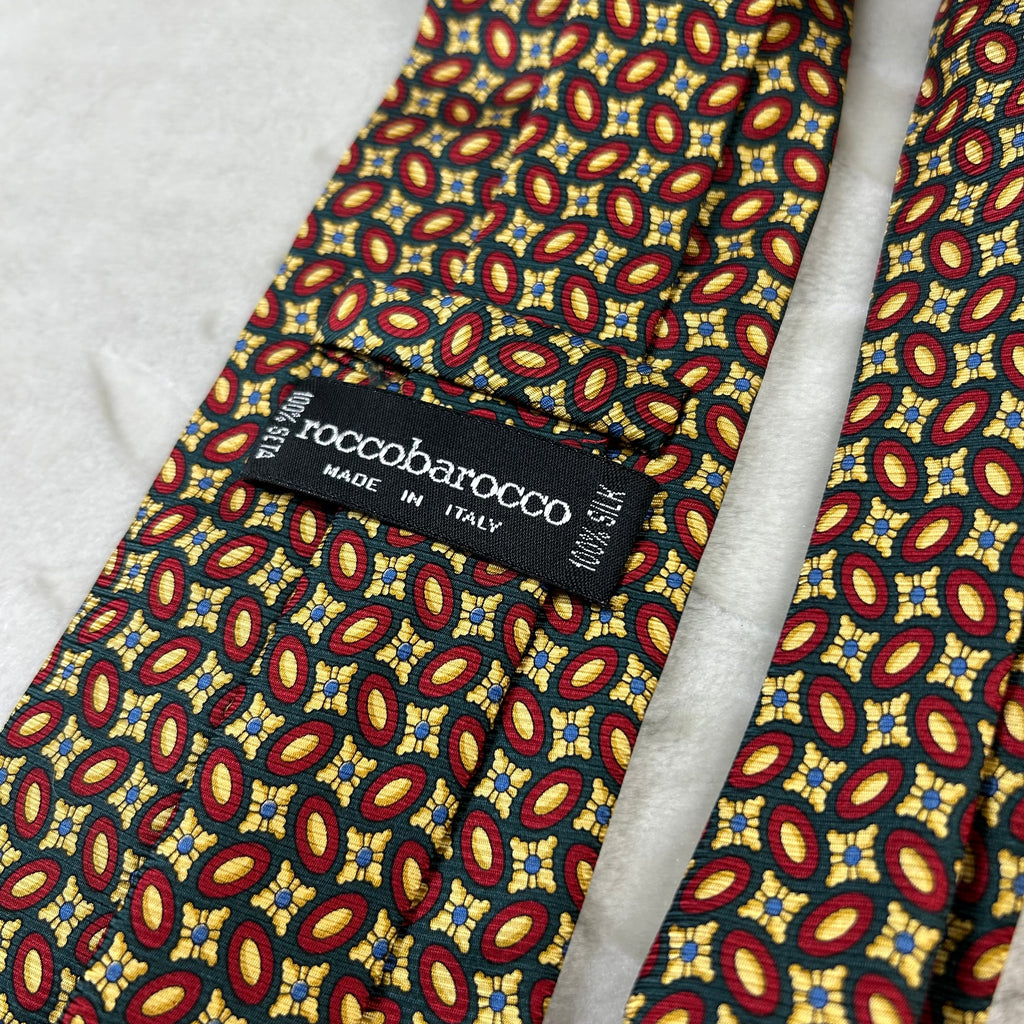 Cravatta Roccobarocco Vintage 100% Seta Fantasia Geometrica Verde Rosso Oro Made in Italy