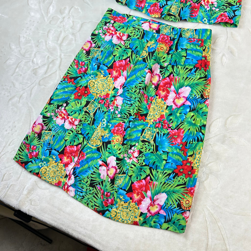Completo da donna Vintage Tropicale in Viscosa con Gonna Floreale (S)