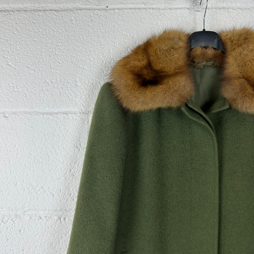 Cappotto da Donna  sartoriale vintage 100% Lana Verde con Collo e Polsini in visone (M)