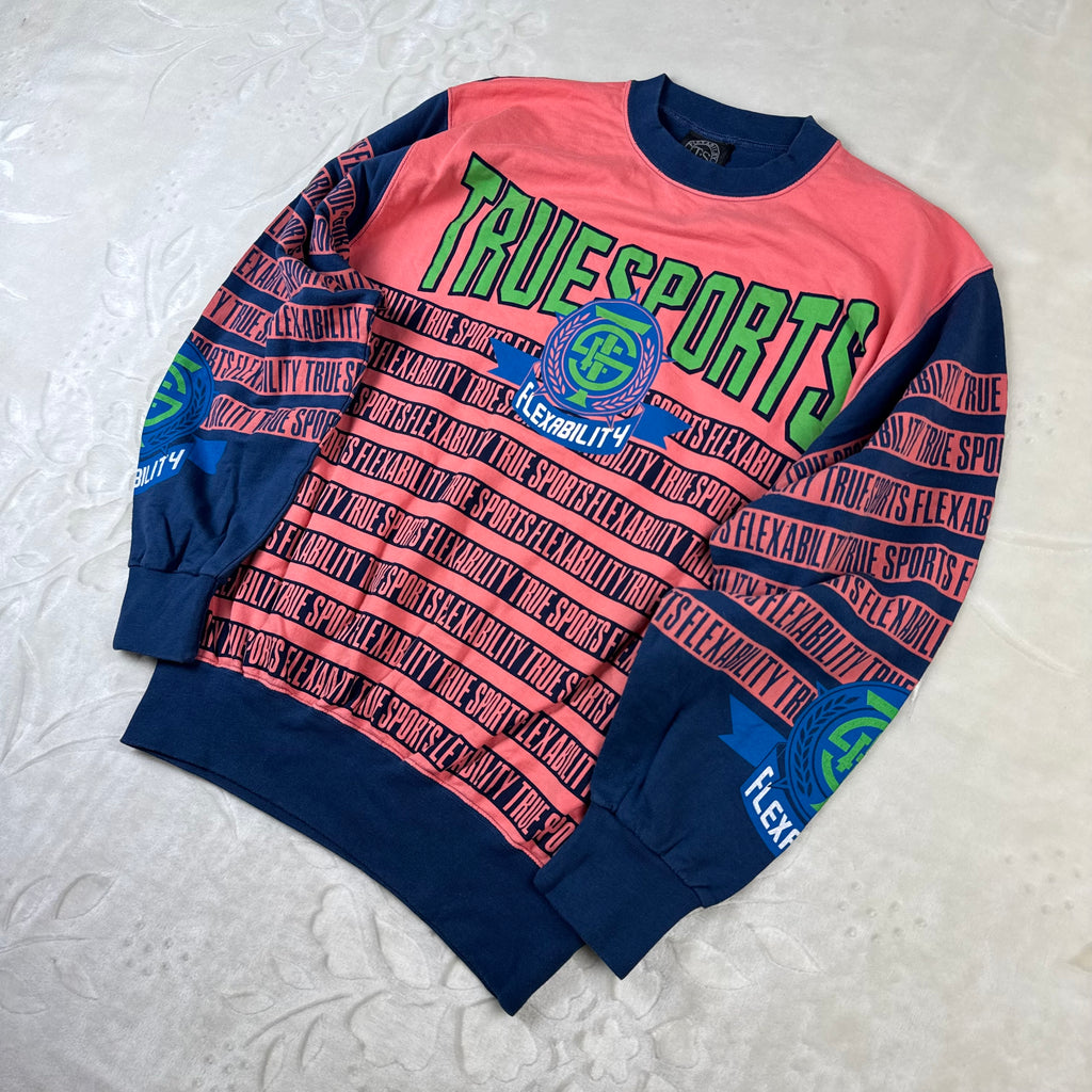 Felpa Vintage True Sports by Enzo Fusco Rosa Fluo e Blu con Maxi Stampa (M)