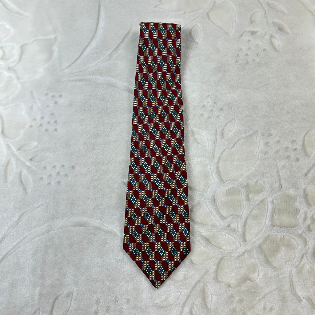 Cravatta Valentino Vintage 100% Seta Fantasia Geometrica Bordeaux Verde