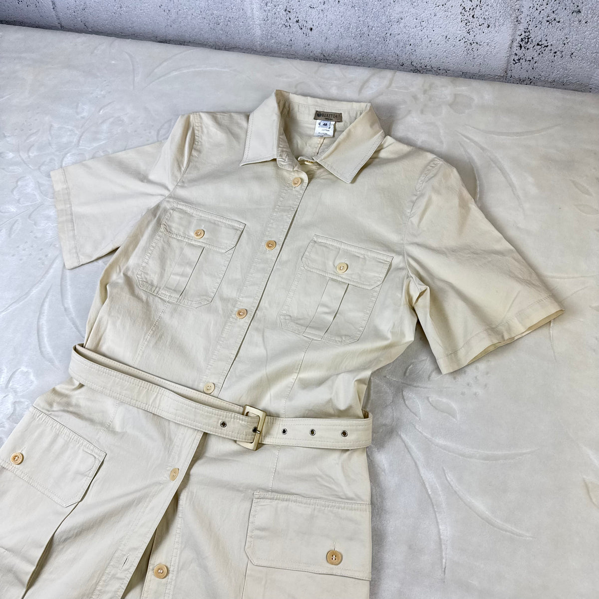 Vestito Chemisier Vintage Beretta Safari Beige in Cotone con Cintura Made in Italy (M)