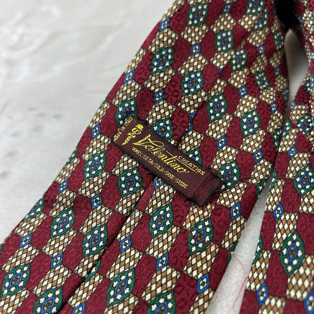 Cravatta Valentino Vintage 100% Seta Fantasia Geometrica Bordeaux Verde