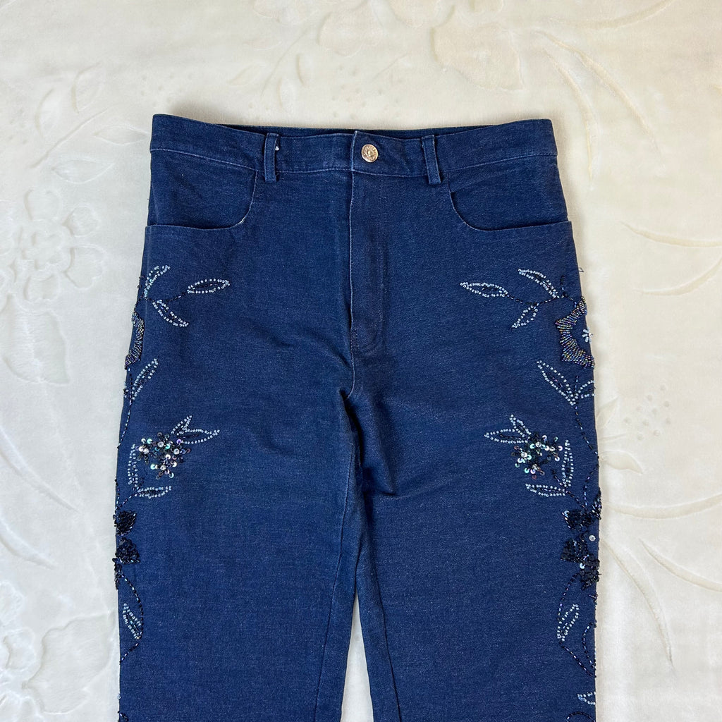 Jeans Donna Vintage Ricamati Blu Scuro Paillettes Y2K (M)