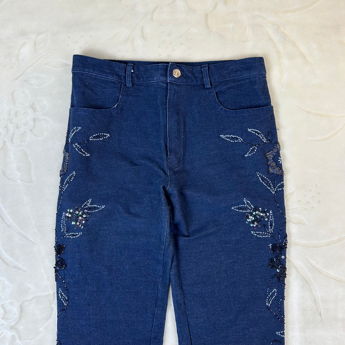 Jeans Donna Vintage Ricamati Blu Scuro Paillettes Y2K (M)