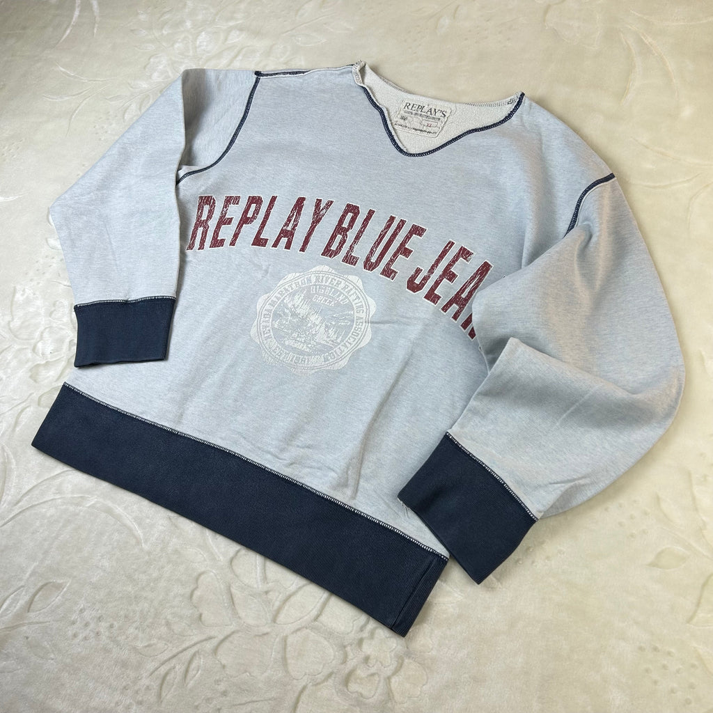Felpa Replay Blue Jeans Vintage Grigia con Maxi Logo Stampato (XL)