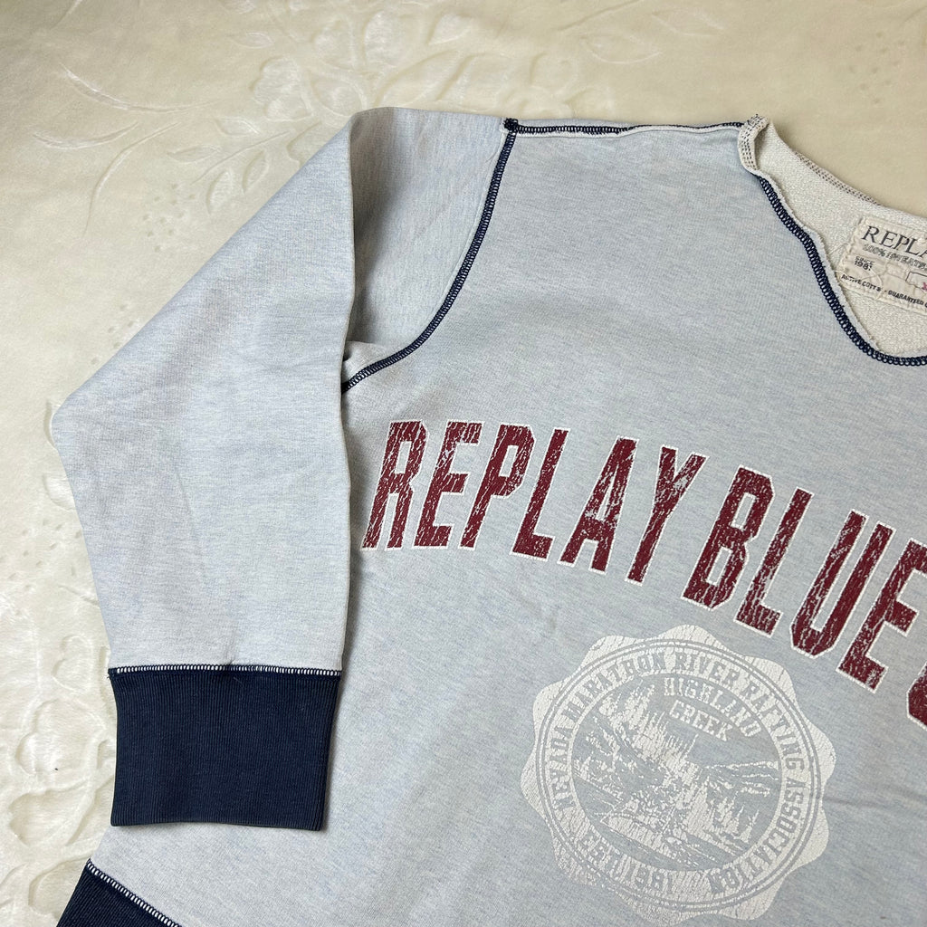 Felpa Replay Blue Jeans Vintage Grigia con Maxi Logo Stampato (XL)