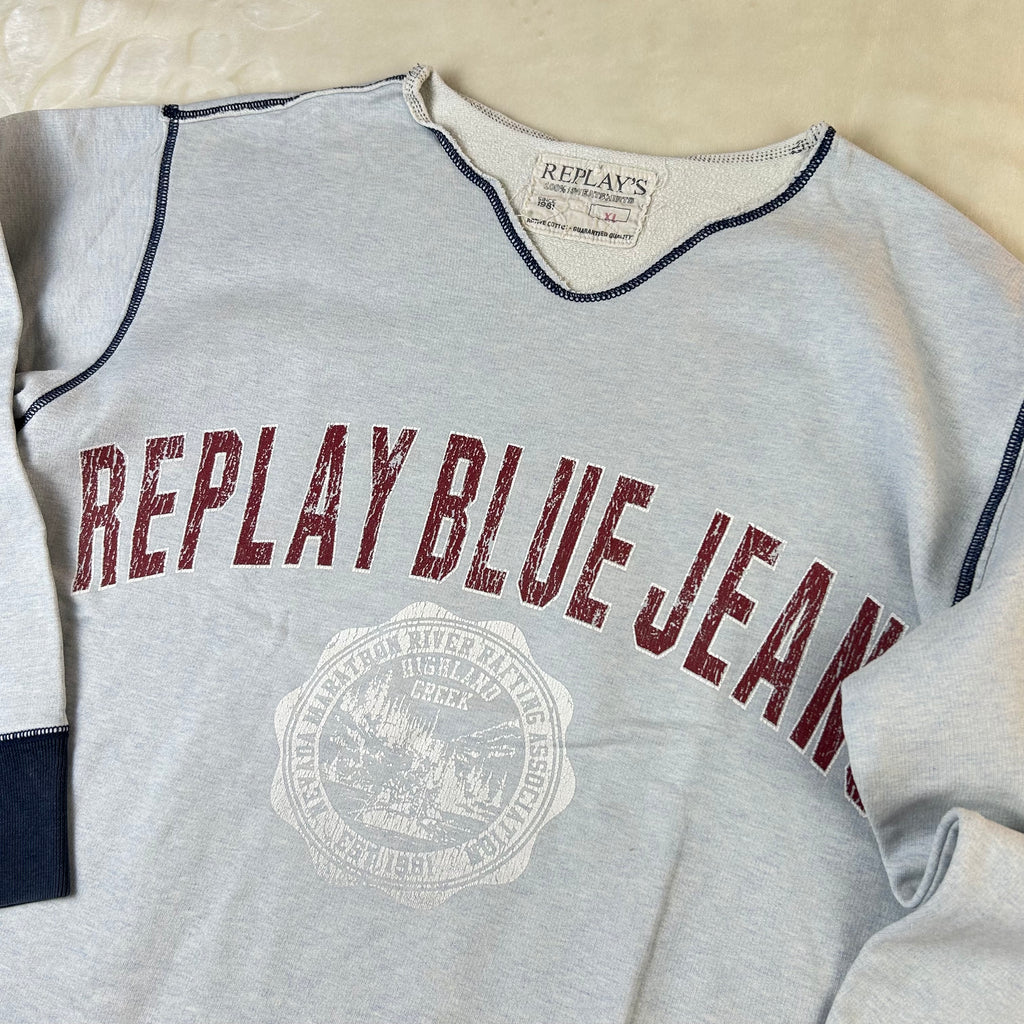 Felpa Replay Blue Jeans Vintage Grigia con Maxi Logo Stampato (XL)