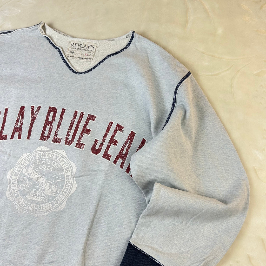 Felpa Replay Blue Jeans Vintage Grigia con Maxi Logo Stampato (XL)