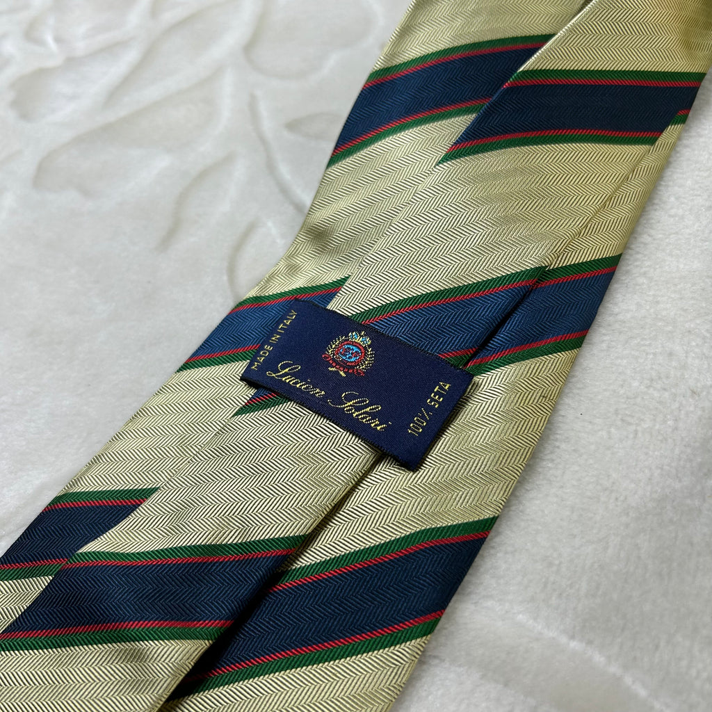 Cravatta Lucien Solari Vintage 100% Seta Regimental Beige Blu Verde Made in Italy