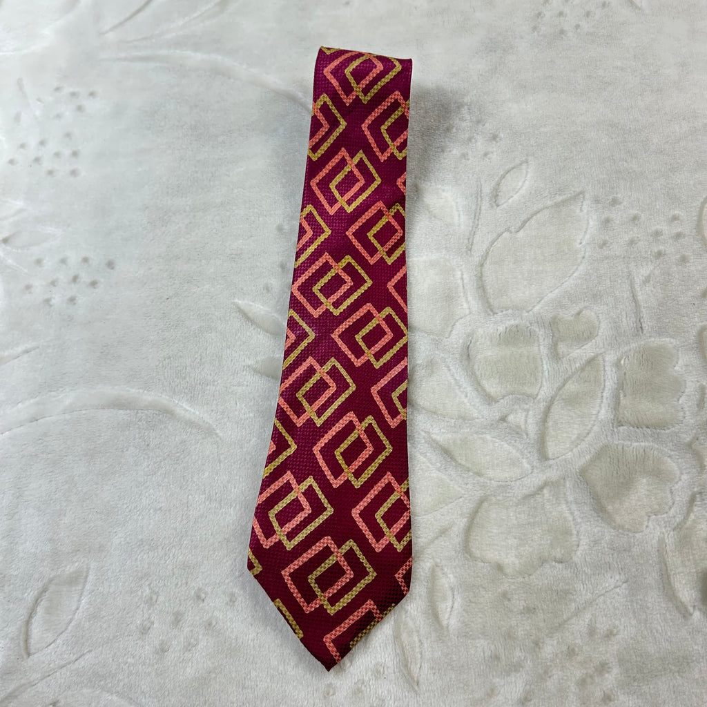 Cravatta Yves Saint Laurent Paris Vintage 100% Seta Fantasia Geometrica Bordeaux