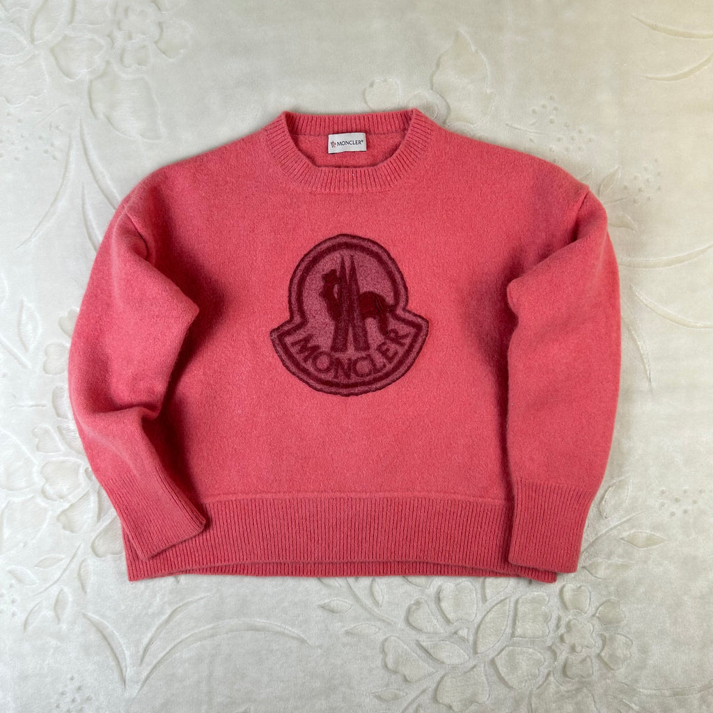Maglione da donna Moncler in lana rosa con maxi logo (L)