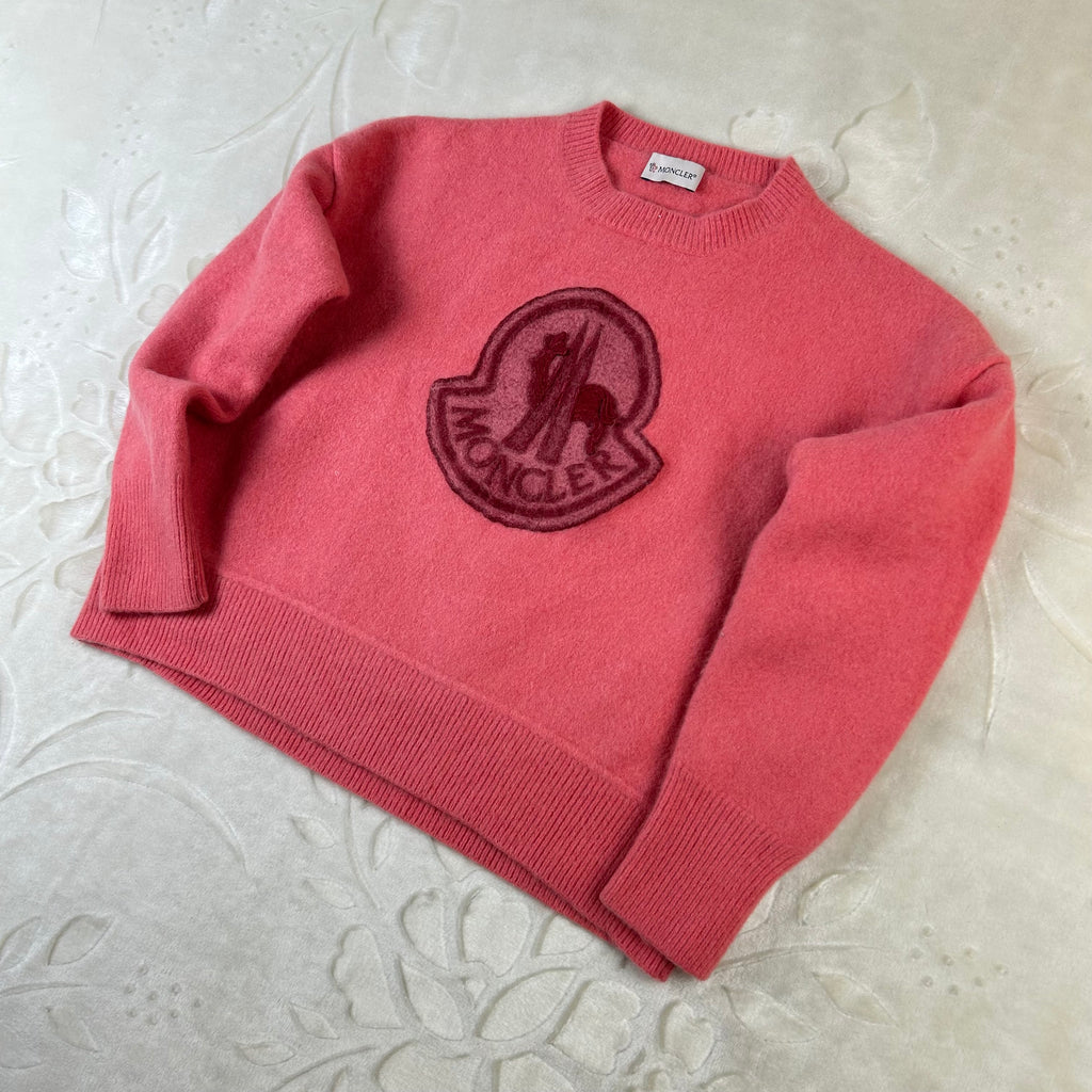 Maglione da donna Moncler in lana rosa con maxi logo (L)