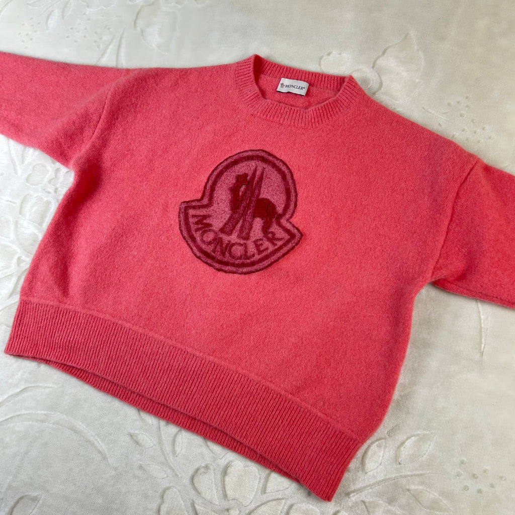 Maglione da donna Moncler in lana rosa con maxi logo (L)